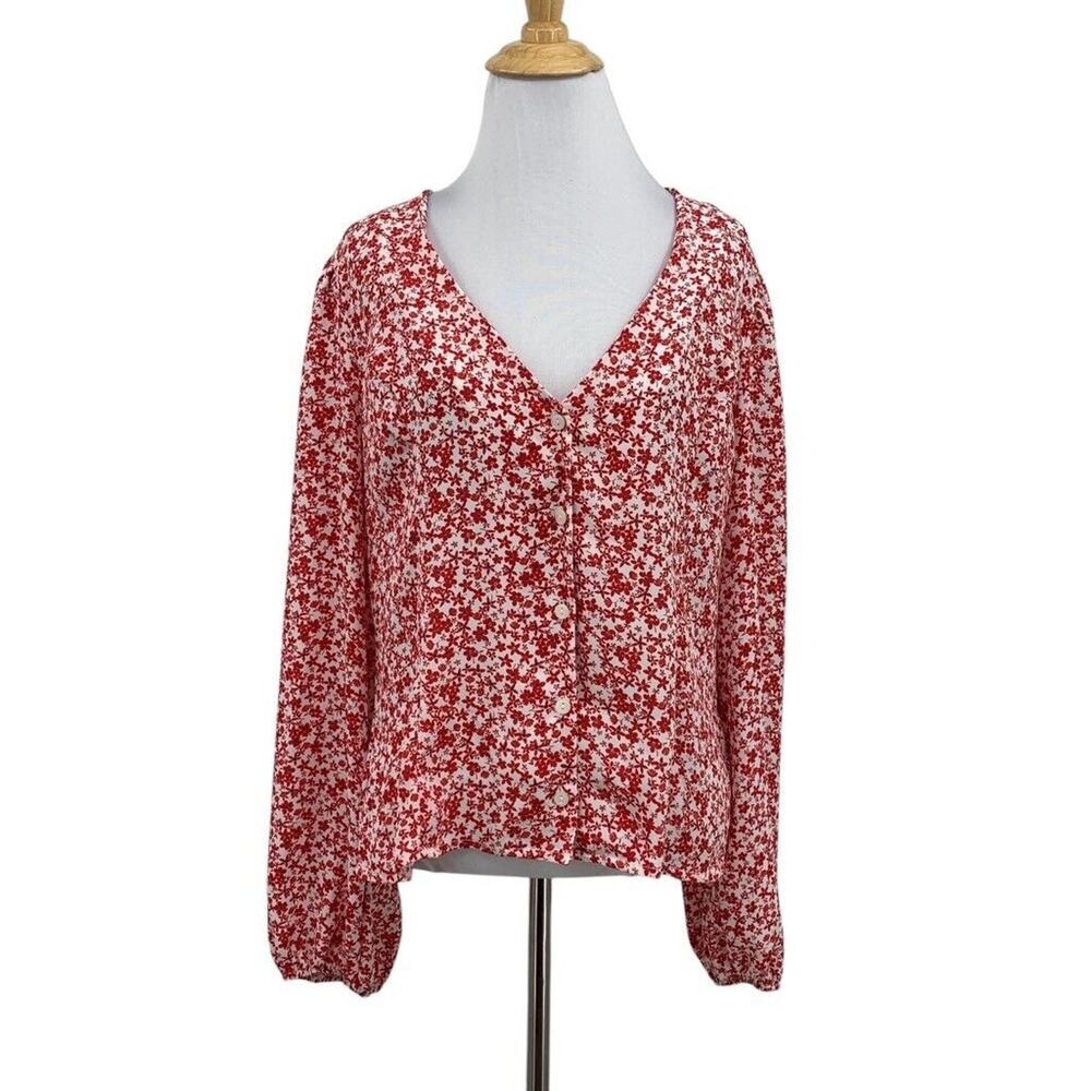 Lush Blouse Womens XL Extra Large Red Floral Long Sleeve V Neck Button Front